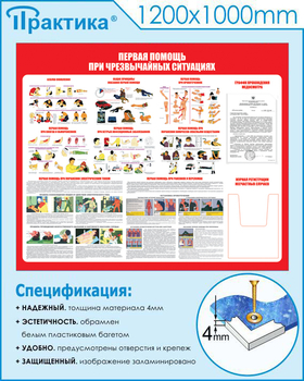 С19 Стенд первая помощь (при чрезвычайных ситуациях) (1200х1000мм, пластик ПВХ 3 мм, карманы, Прямая печать на пластик) - Стенды - Стенды по первой медицинской помощи - Магазин охраны труда ИЗО Стиль